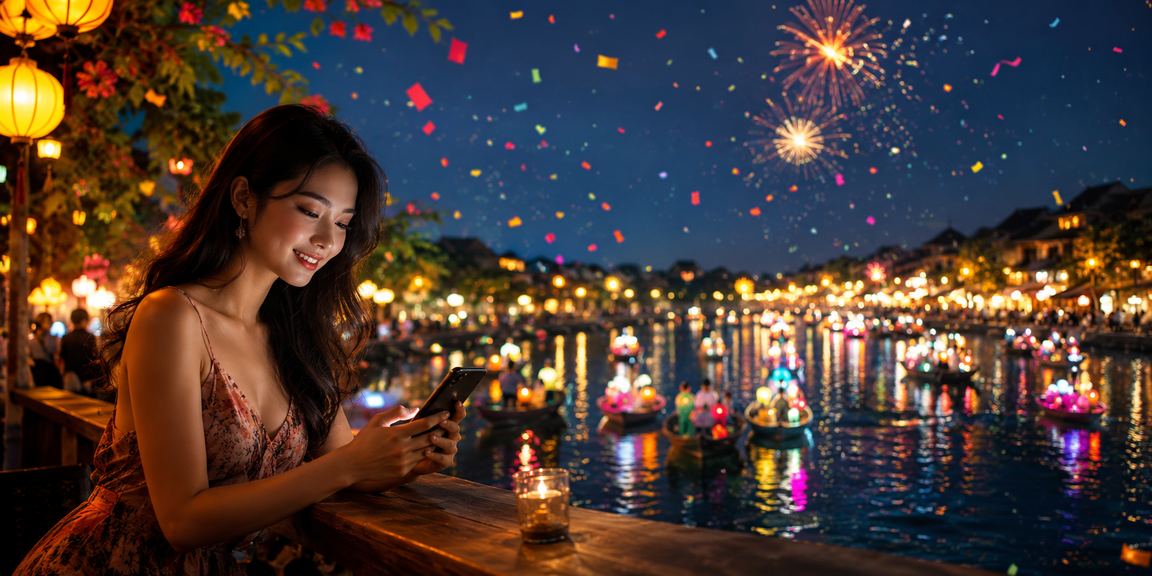 Người dùng tại Hội An chơi casino mobile tại quán cà phê buổi sáng